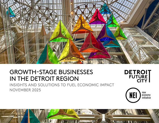 Looking up at a skylight where a colorful, geometric sculture hangs. The text says: Growth-stage businesses in the Detroit region, insights and solutions to fuel economic impact