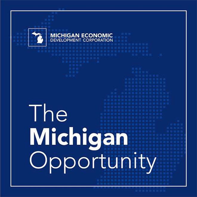 A blue background with a pixelated representation of Michigan. Text reads: The Michigan Opportunity